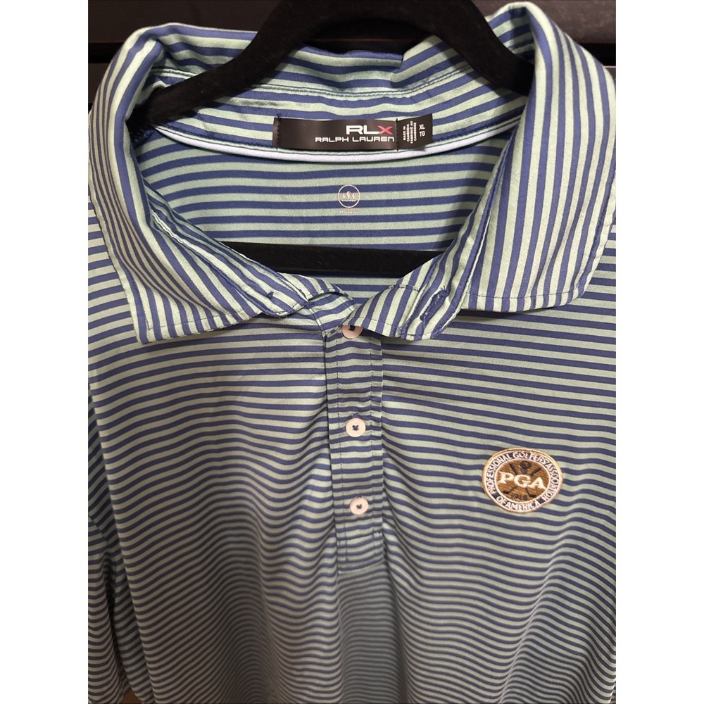 RLX Ralph Lauren Polo Shirt Mens XL Green‎ Blue Striped PGA